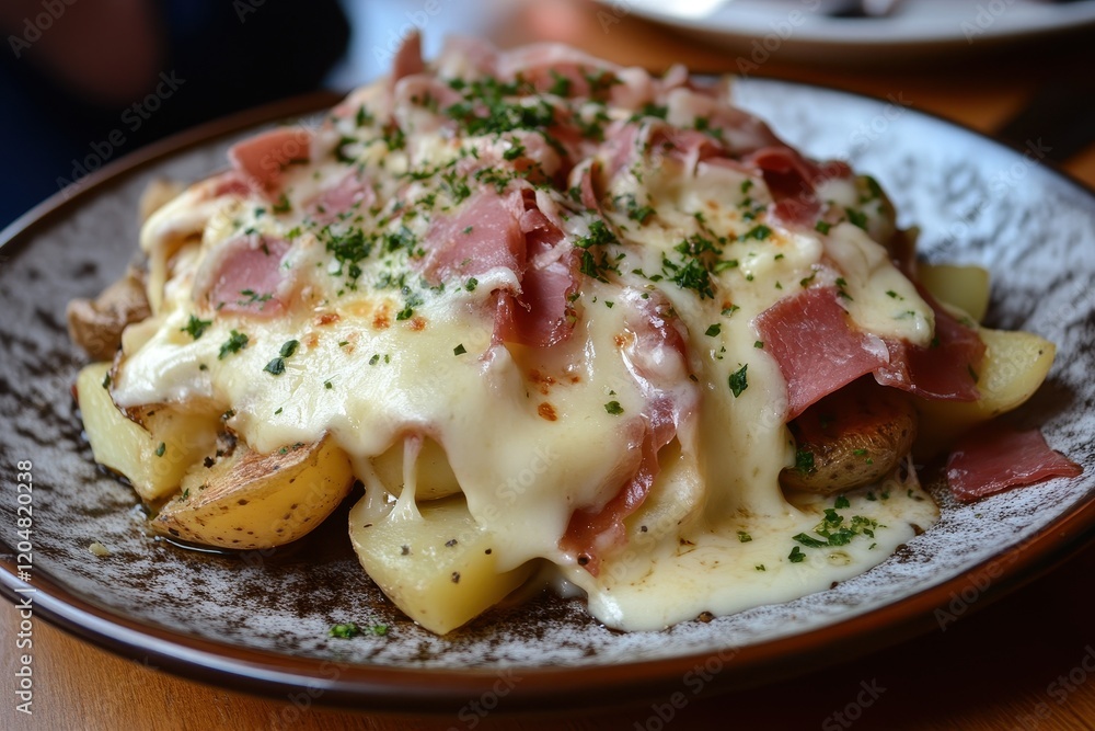 Warm raclette atop potatoes and deli meats on a dish Warm raclette atop potatoes and deli meats on a dish