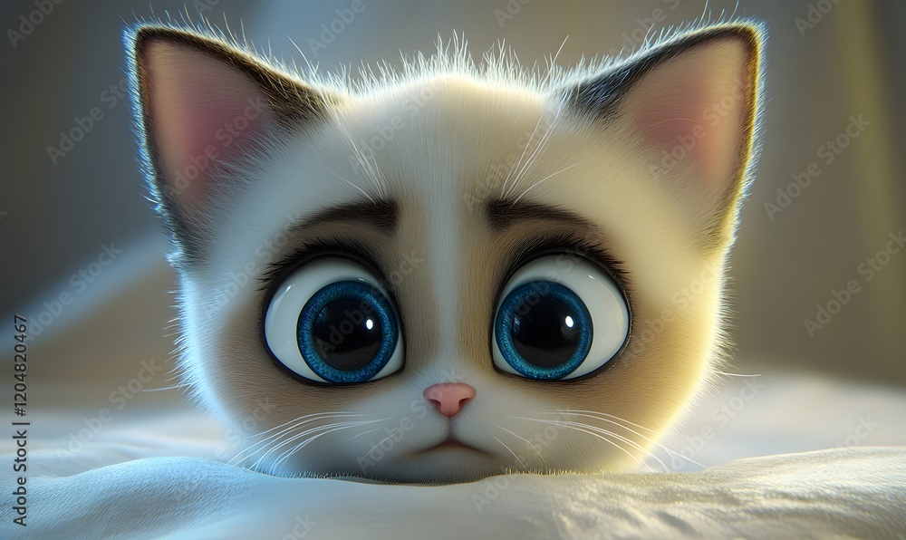 Adorable cartoon kitten with big blue eyes, looking sad. Adorable cartoon kitten with big blue eyes, looking sad.