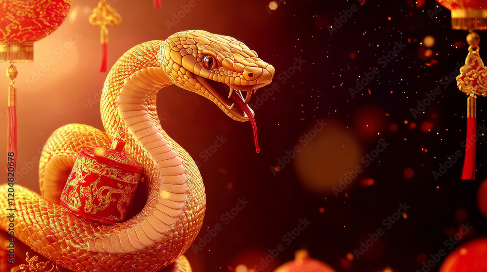 A gleaming golden snake with a decorative background, symbolizing prosperity and celebration, surrounded by traditional lanterns. A gleaming golden snake with a decorative background, symbolizing prosperity and celebration, surrounded by traditional lanterns.