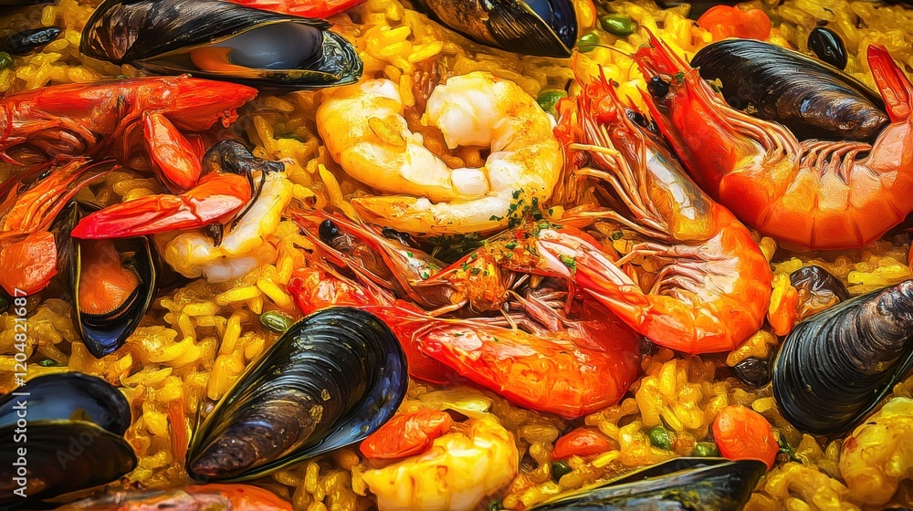 Traditional Spanish paella with seafood and saffron. Featuring a vibrant and aromatic dish. Highlighting the texture and flavors of the paella. Ideal for food and cultural themes. Traditional Spanish paella with seafood and saffron. Featuring a vibrant and aromatic dish. Highlighting the texture and flavors of the paella. Ideal for food and cultural themes.