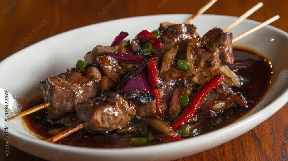 A serving of grilled souvlaki skewers with vegetables A serving of grilled souvlaki skewers with vegetables
