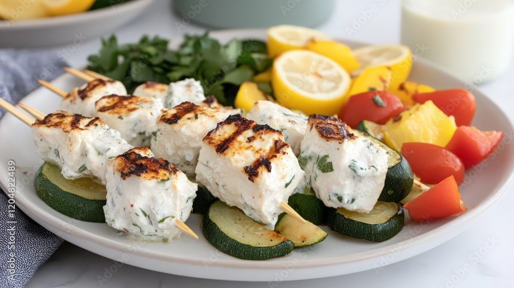 A serving of grilled souvlaki skewers with vegetables A serving of grilled souvlaki skewers with vegetables