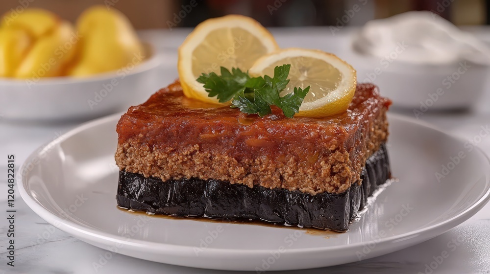 A Portion of Moussaka Layered with Eggplant and Minced Meat A Portion of Moussaka Layered with Eggplant and Minced Meat