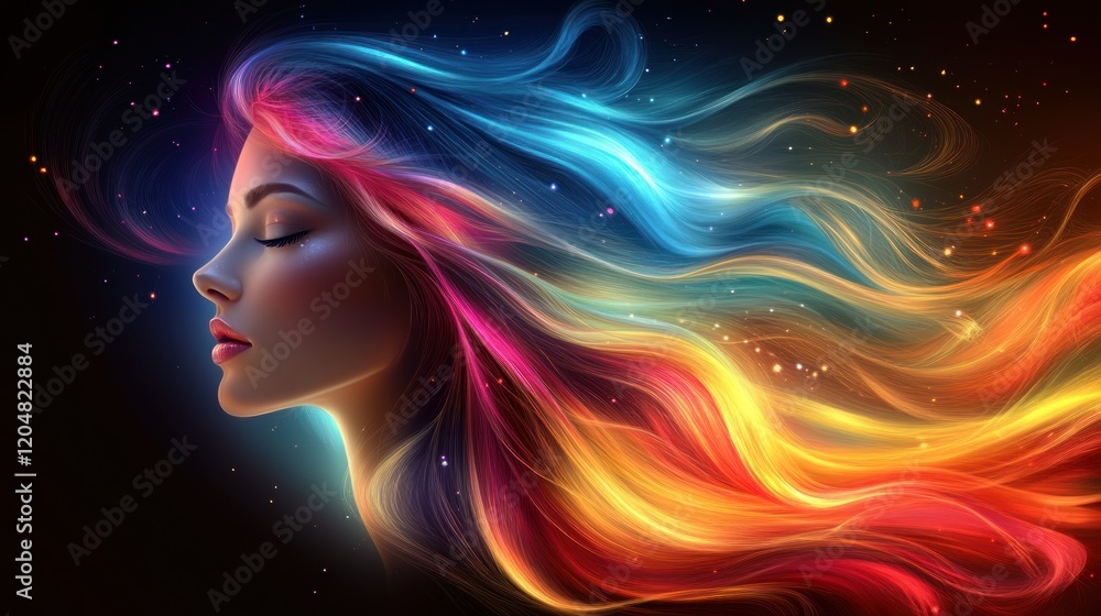 Woman's profile with vibrant, flowing, colorful hair. Woman's profile with vibrant, flowing, colorful hair.
