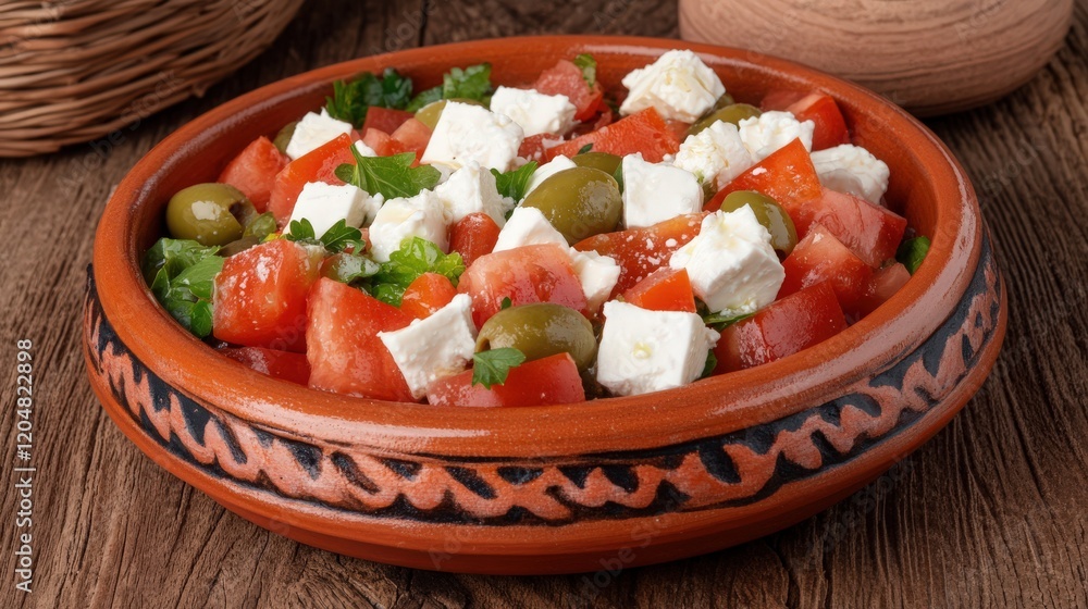A fresh Greek salad with feta cheese and olives A fresh Greek salad with feta cheese and olives