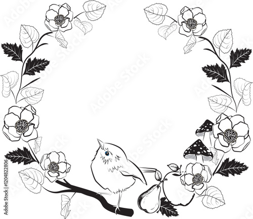 bird and flowers in circular frame
