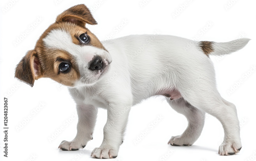 A high-resolution image of a curious Jack Russell terrier puppy tilting its head on a white background, its playful energy captured in sharp detail A high-resolution image of a curious Jack Russell terrier puppy tilting its head on a white background, its playful energy captured in sharp detail