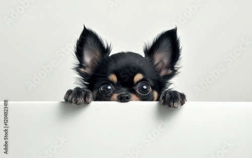 An inquisitive Chihuahua puppy peeking over its paws, with its small body and big ears in crisp high resolution, creating a charming image on a white background  photo