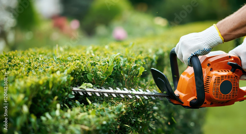 A close-up of a gardener using an orange hedge trimmer to shape a vibrant green hedge