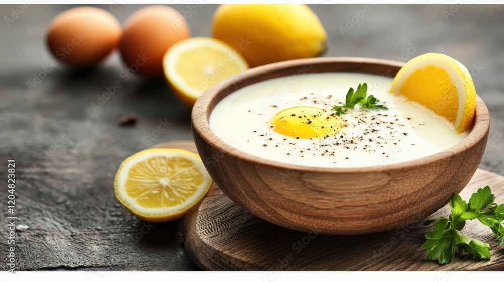 A bowl of Greek avgolemono soup with lemon and egg A bowl of Greek avgolemono soup with lemon and egg