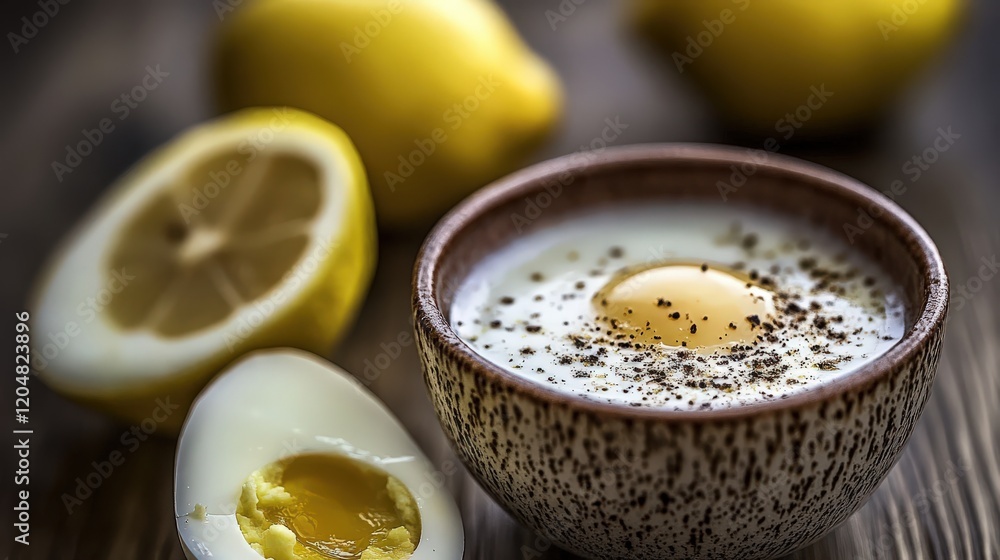 A bowl of Greek avgolemono soup with lemon and egg A bowl of Greek avgolemono soup with lemon and egg