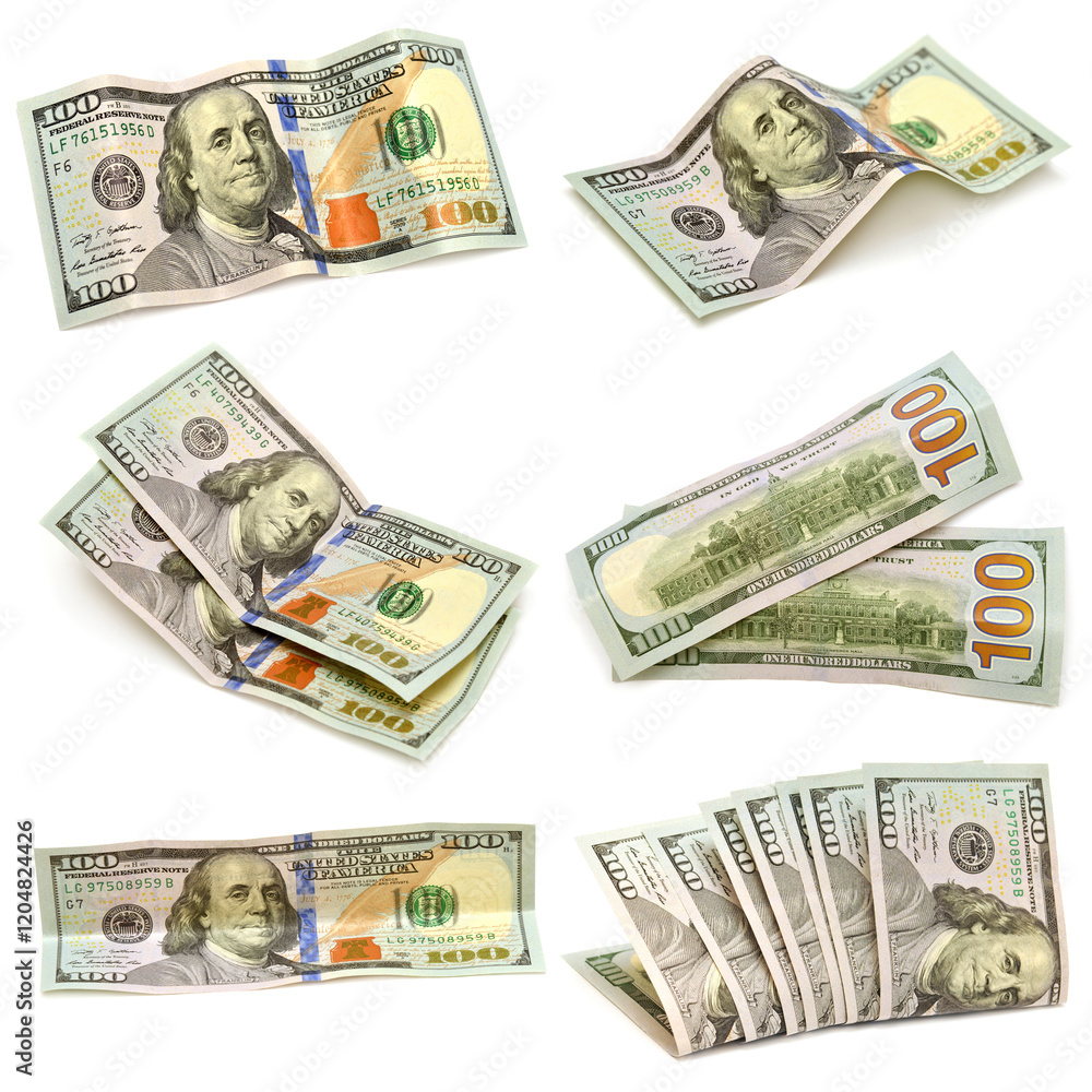 A collection of one hundred dollars isolated on white background A collection of one hundred dollars isolated on white background