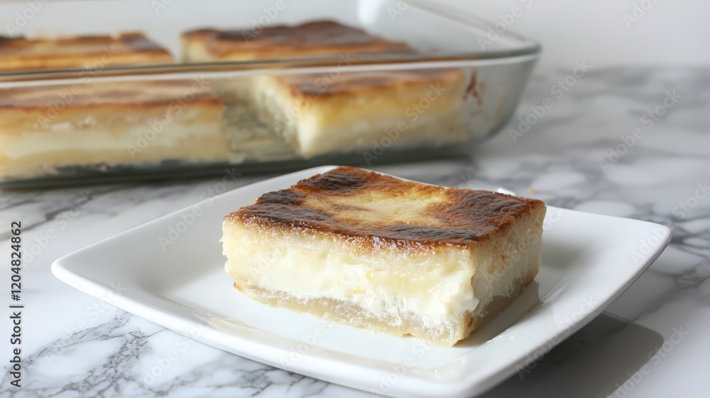 A portion of Greek pastitsio pasta bake with béchamel sauce A portion of Greek pastitsio pasta bake with béchamel sauce