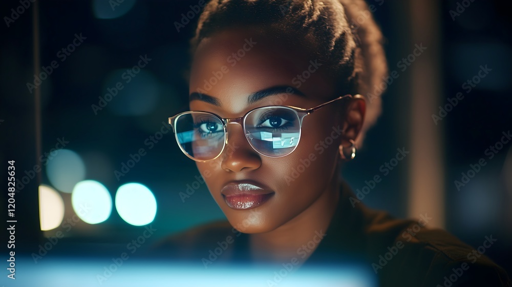 Focused woman working late at night. Focused woman working late at night.