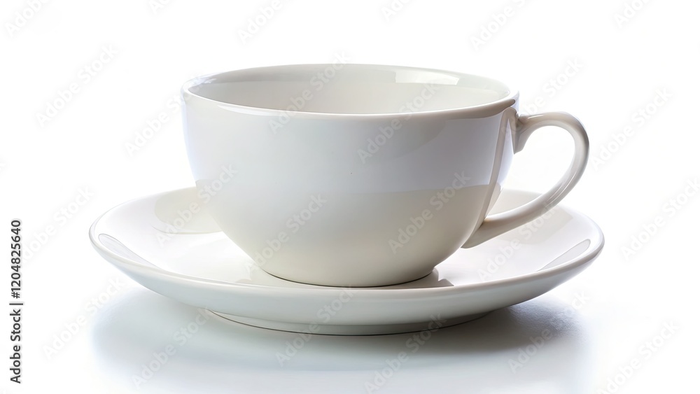 A pristine white ceramic teacup, round and simple, photographed against a white background with sharp focus. A pristine white ceramic teacup, round and simple, photographed against a white background with sharp focus.