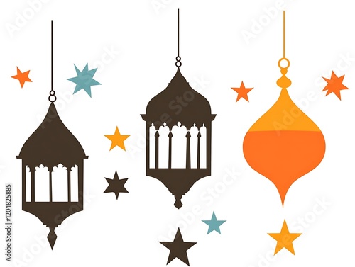 Three Hanging Lanterns and Stars Festive Design