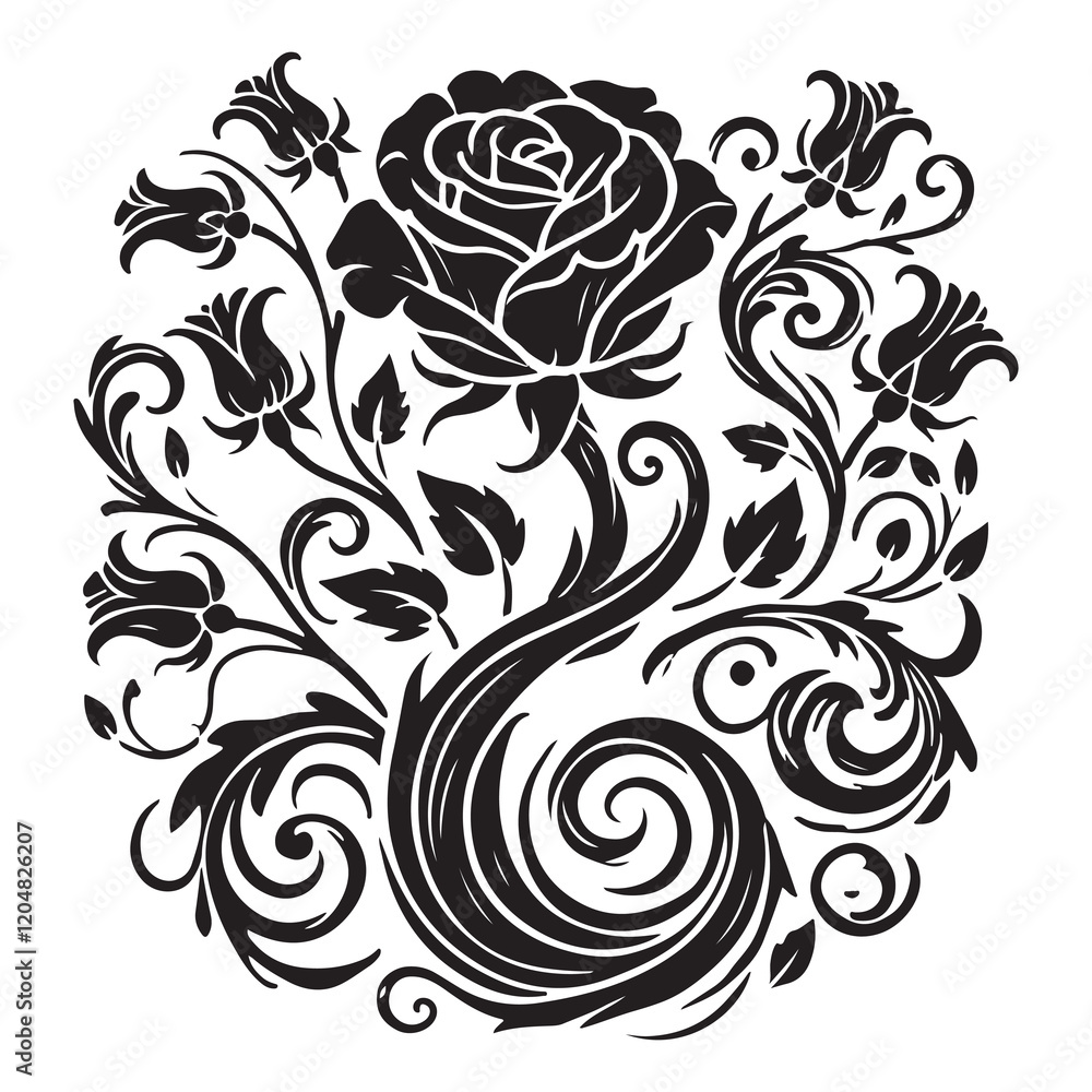 Fototapeta premium The Enchanted Rose Silhouette Vector Illustration, Solid White Background.