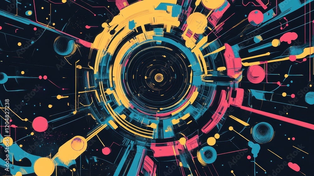 Futuristic network hub flat design top view cyberpunk theme cartoon drawing Triadic Color Scheme Futuristic network hub flat design top view cyberpunk theme cartoon drawing Triadic Color Scheme