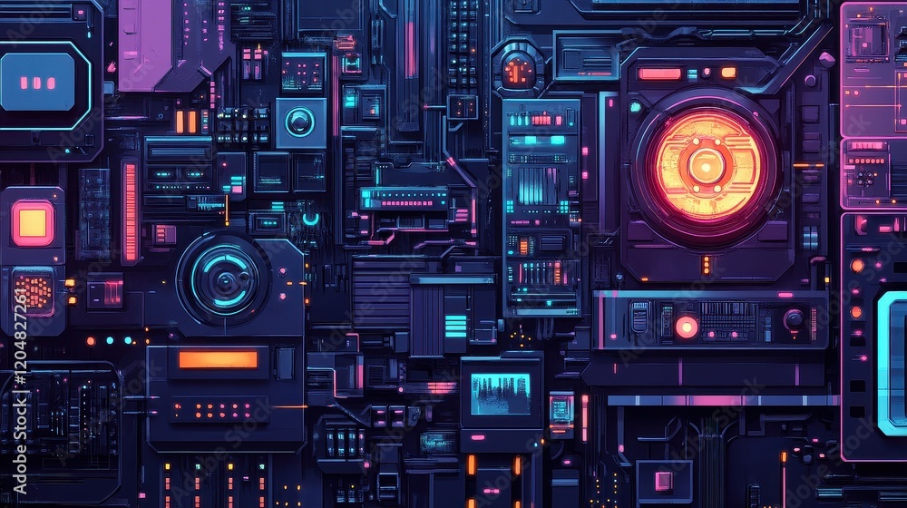 Futuristic network hub flat design top view cyberpunk theme cartoon drawing Triadic Color Scheme Futuristic network hub flat design top view cyberpunk theme cartoon drawing Triadic Color Scheme