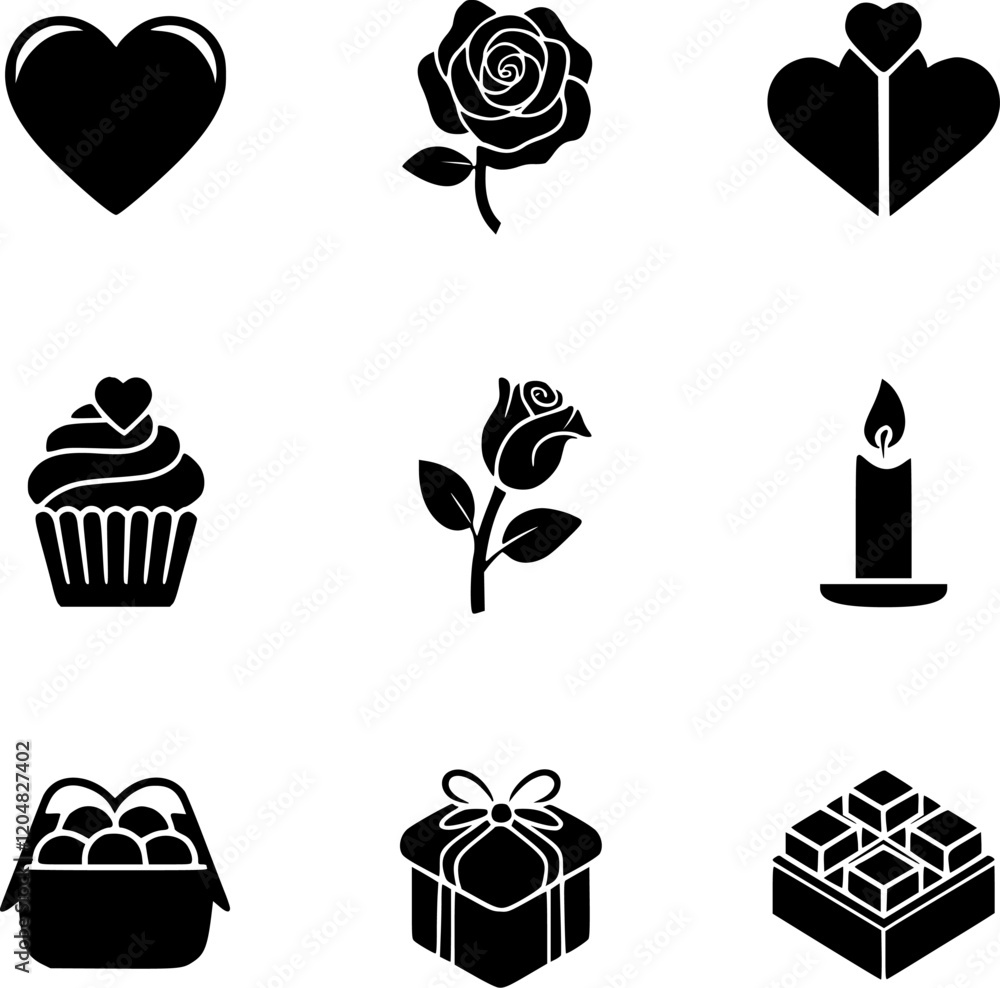 Romantic Valentine's Day Icons Set in Silhouette Style Romantic Valentine's Day Icons Set in Silhouette Style