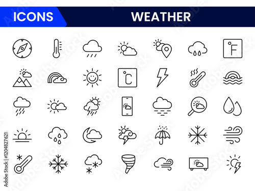 Weather icon set. Containing temperature, sun, rain, snow, cloud, humidity, summer, winter, spring, cloudy and rainy season. Climate symbol. 