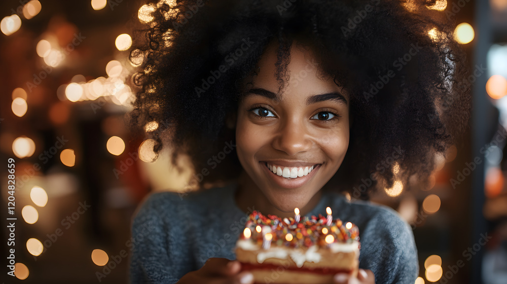 Naklejka premium A young Black woman with an afro smiles brightly, holding a piece of birthday cake with lit candles. Warm bokeh lights create a festive background.