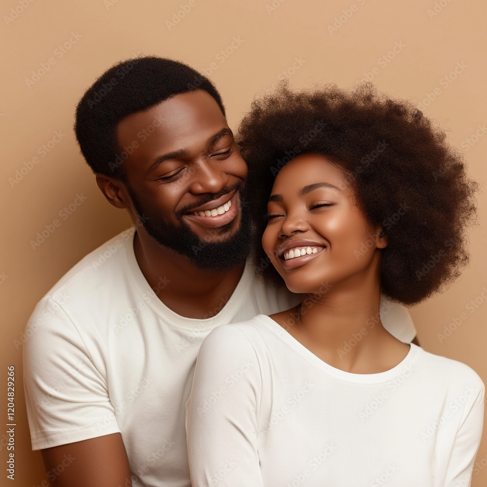 Joyful couple embracing studio portrait photography soft lighting eye-level love and happiness concept Joyful couple embracing studio portrait photography soft lighting eye-level love and happiness concept