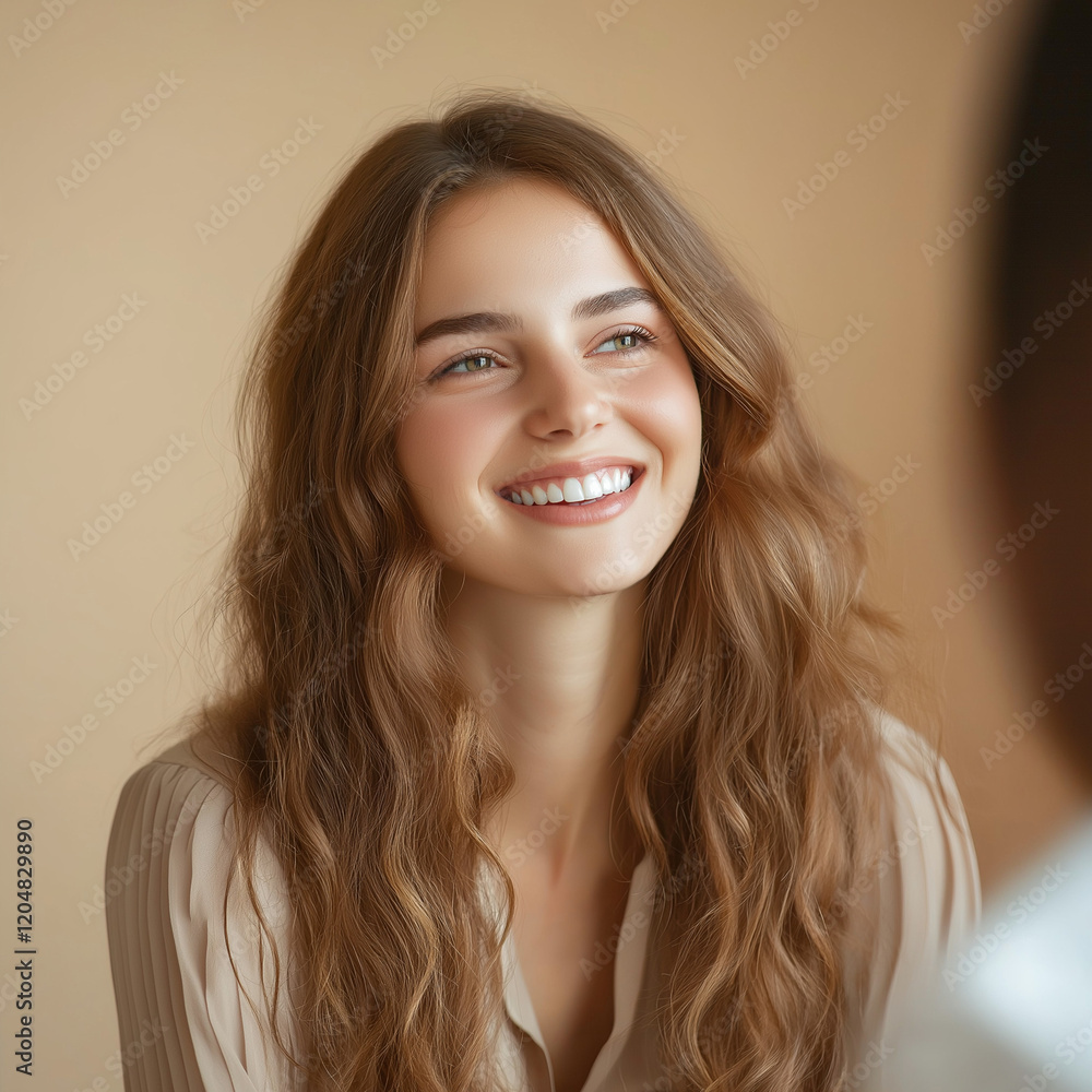 Smiling young woman indoor setting portrait photography bright atmosphere close-up perspective positive emotions and warmth Smiling young woman indoor setting portrait photography bright atmosphere close-up perspective positive emotions and warmth