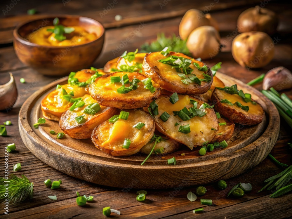 Crispy potato slices, melted cheese, and green onions atop a rustic wooden platter—a nighttime feast. Crispy potato slices, melted cheese, and green onions atop a rustic wooden platter—a nighttime feast.