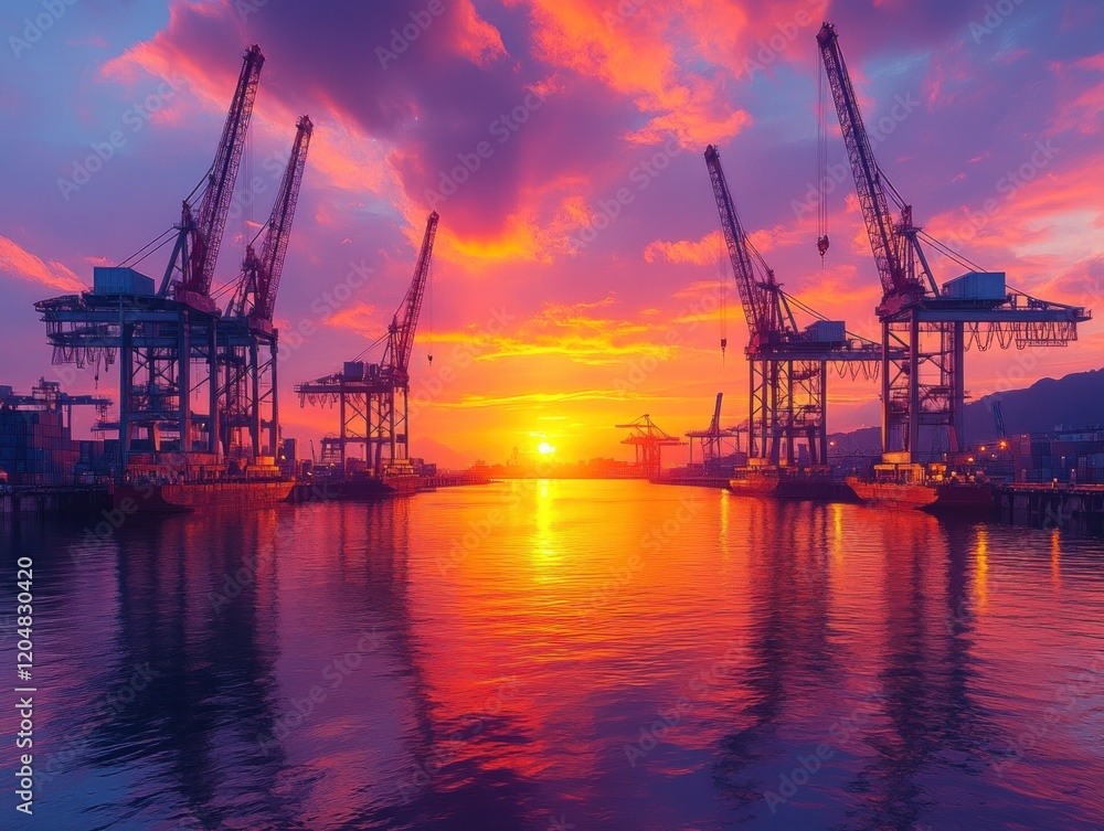 Sunset Harbor Scene with Industrial Cranes Reflecting in Calm Water Sunset Harbor Scene with Industrial Cranes Reflecting in Calm Water