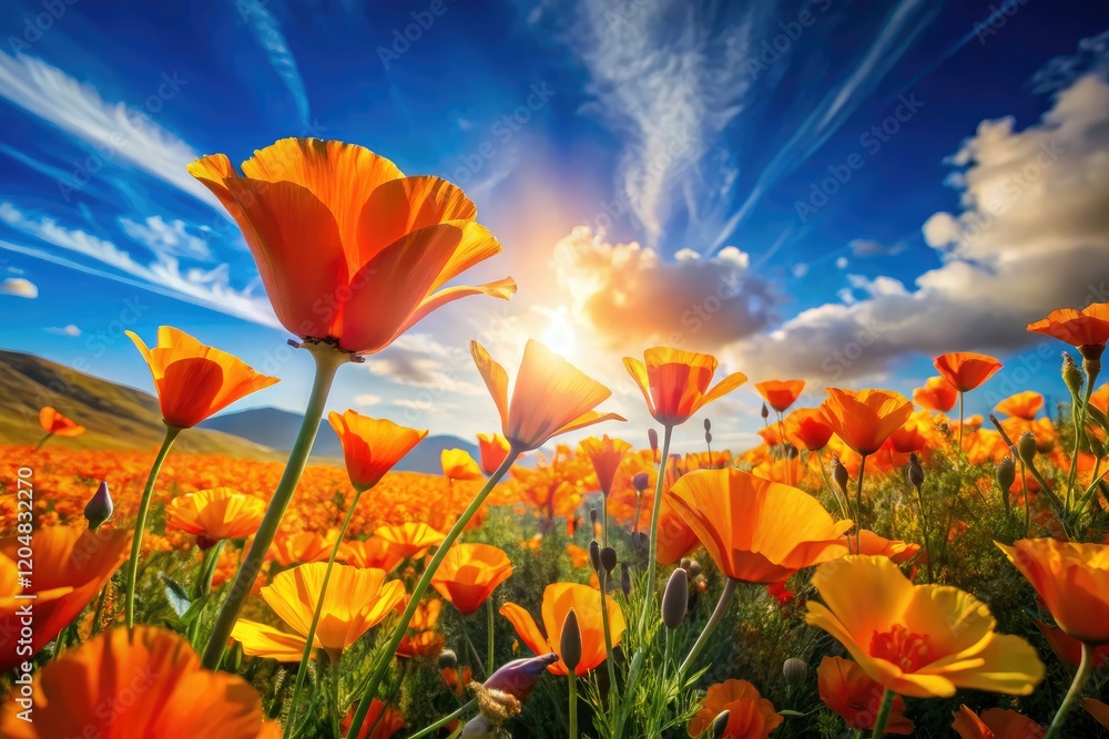 Obraz premium Dreamlike California poppy field, vibrant blue sky, fantasy flowers bloom in artistic, surreal photography.