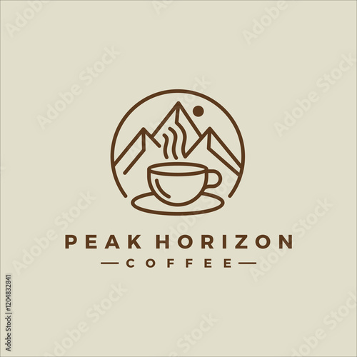 a minimalist line art logo of a mountain range paired with a steaming coffee cup. The design symbolizes adventure, warmth, and the energizing spirit of coffee.