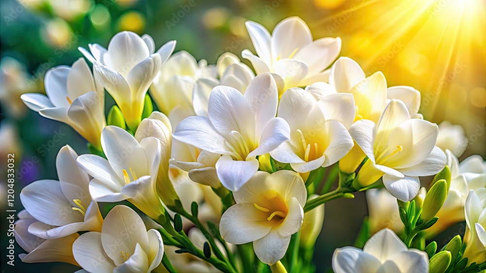 Obraz premium Drone captures breathtaking aerial view of pristine white freesias, a stunning botanical masterpiece.
