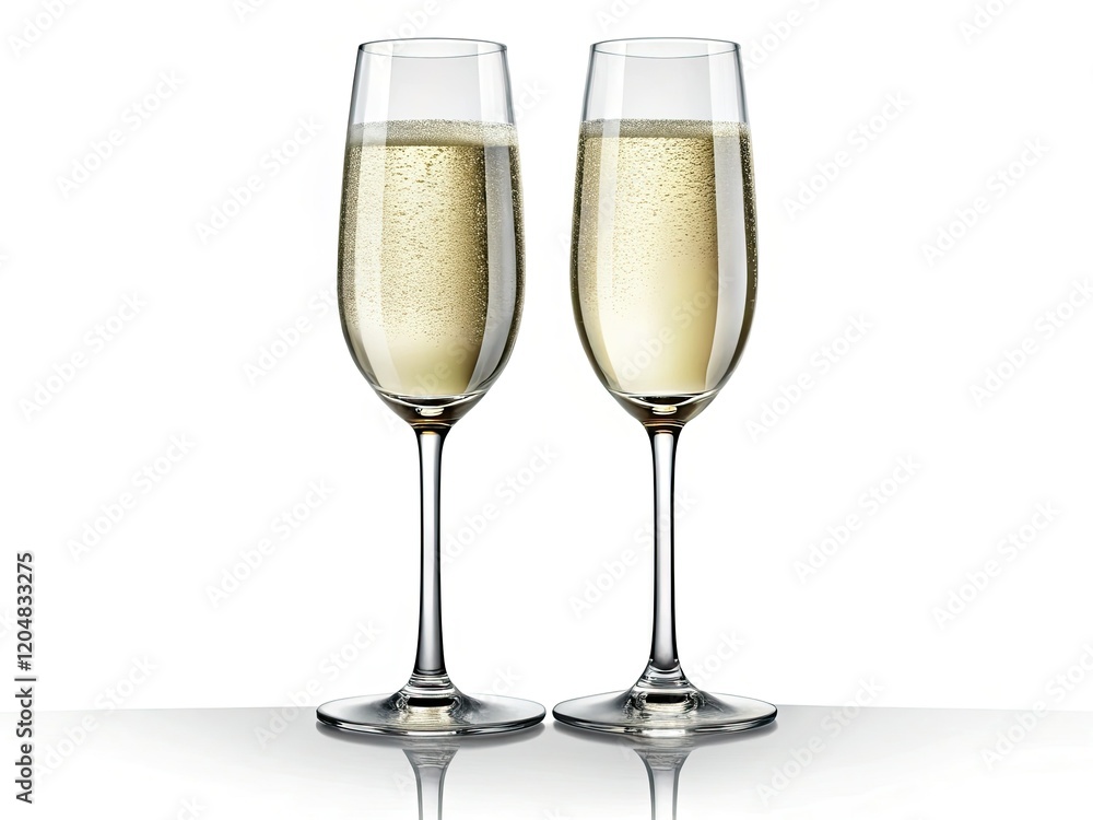 Elegant, crystal-clear champagne flutes, brimming with festive bubbly, isolated for luxury product photography. Elegant, crystal-clear champagne flutes, brimming with festive bubbly, isolated for luxury product photography.
