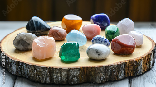 Healing crystals arranged in grid pattern on wooden slice. Spiritual energy, wellness theme. Natural stones of various colors. Perfect for meditation, reiki, crystal healing sessions. Collection of photo