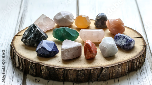 Healing crystals arranged in grid pattern on wooden slice. Spiritual energy, wellness theme. Natural stones of various colors. Perfect for meditation, reiki, crystal healing sessions. Collection of photo