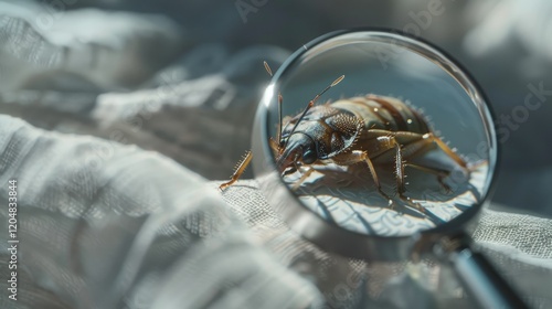 A close-up shot of a bed bug magnified through a handheld magnifying glass placed on a white