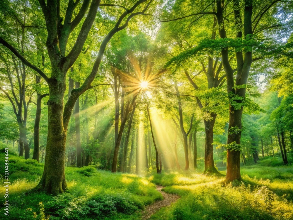 Obraz premium Evocative green landscape, painterly vintage woodland scene bathed in sunlight.