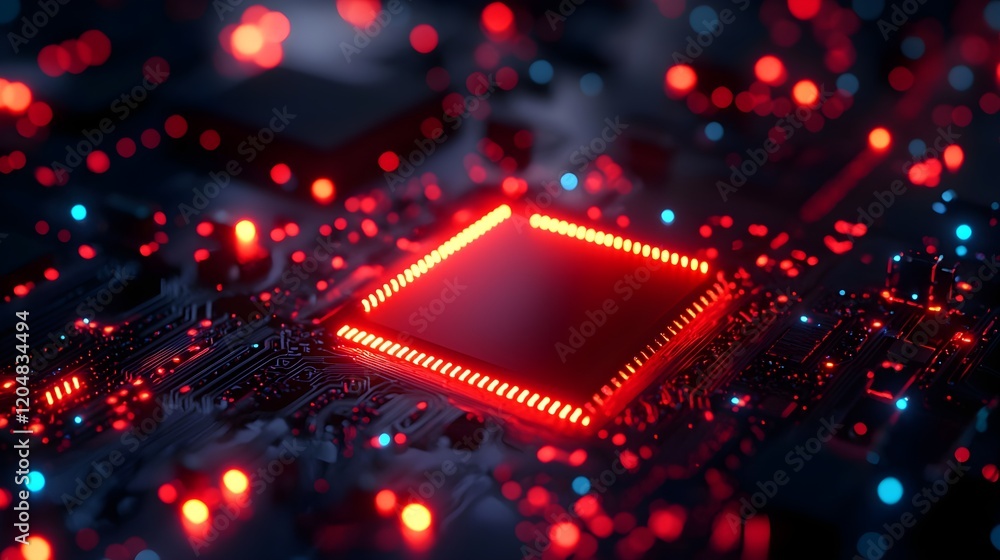 Futuristic circuit board with glowing red and blue lights in depth Futuristic circuit board with glowing red and blue lights in depth
