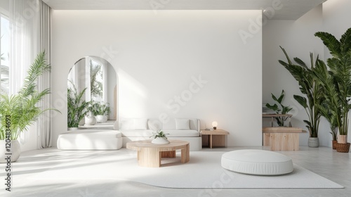 Modern open office space with white walls and natural light, concept of workspace productivity.