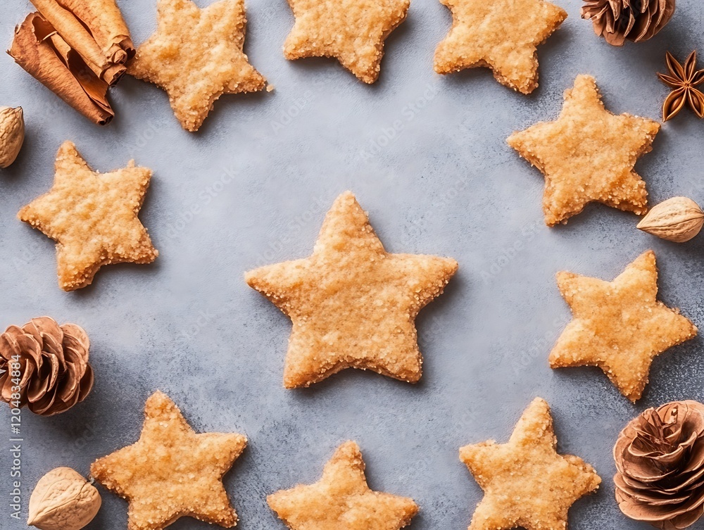 Star shaped cookies arranged around a grey background Star shaped cookies arranged around a grey background