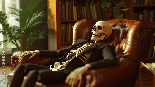 A skeleton dressed in a suit sits in a black leather armchair