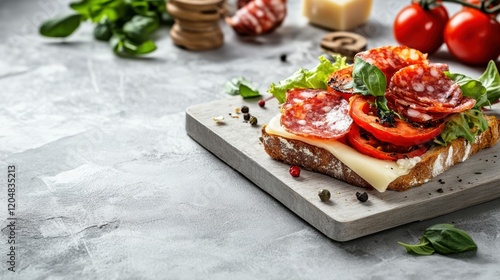 Fresh sandwich with tomatoes cheese basil on a wooden cutting board ready to eat photo