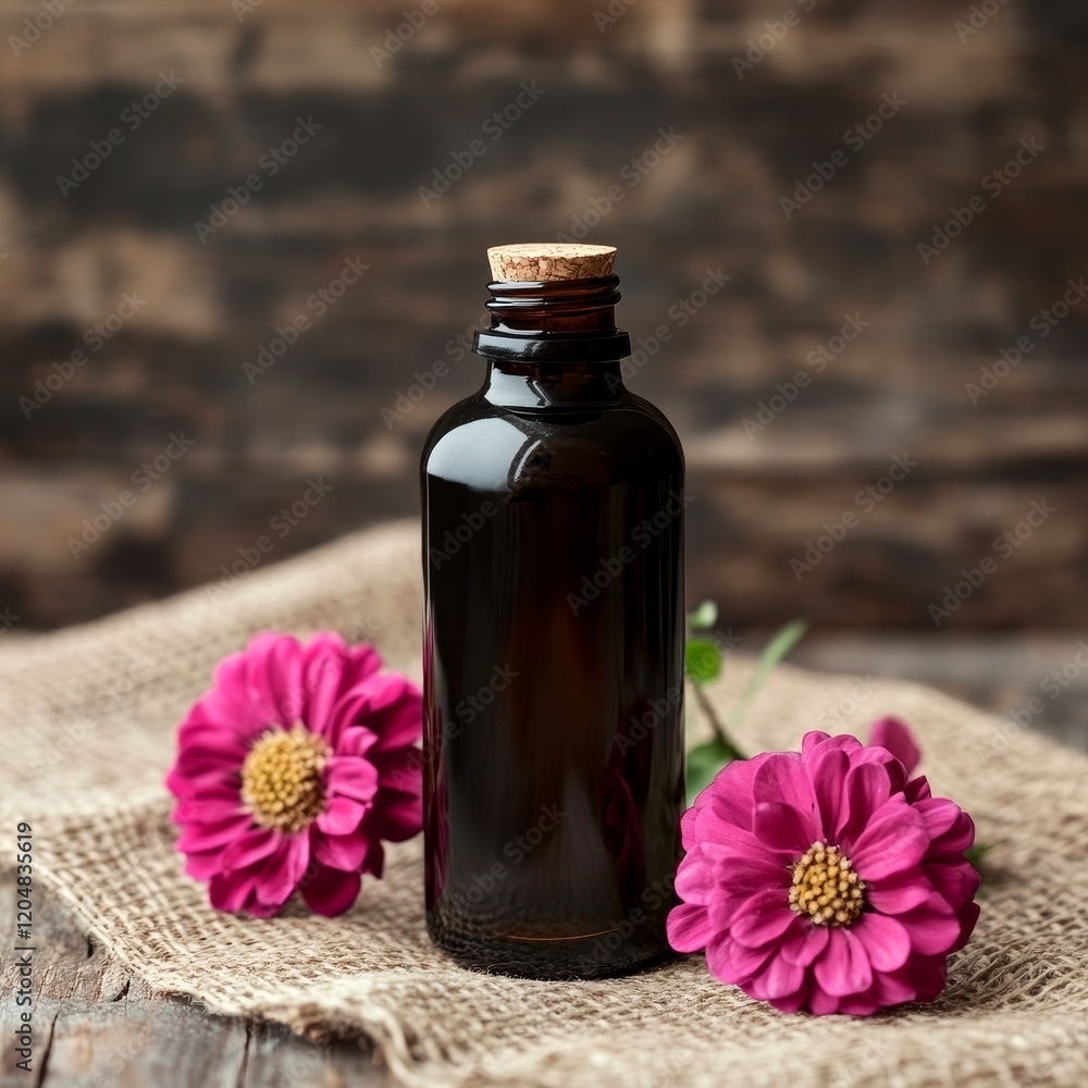 Essential oil with dahlia flowers on sackcloth and wooden background Essential oil with dahlia flowers on sackcloth and wooden background