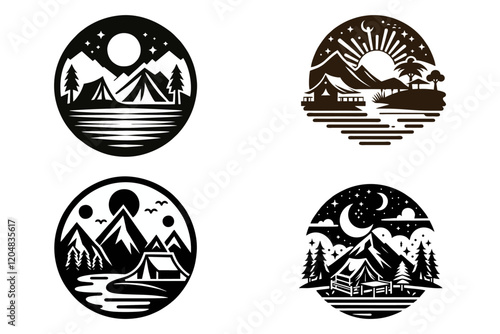 This is a camping tourist logo with a mountain theme, suitable for use as a camping tourist logo, camping equipment, climbing equipment, t-shirts, stickers, banners, merchandise, accessories