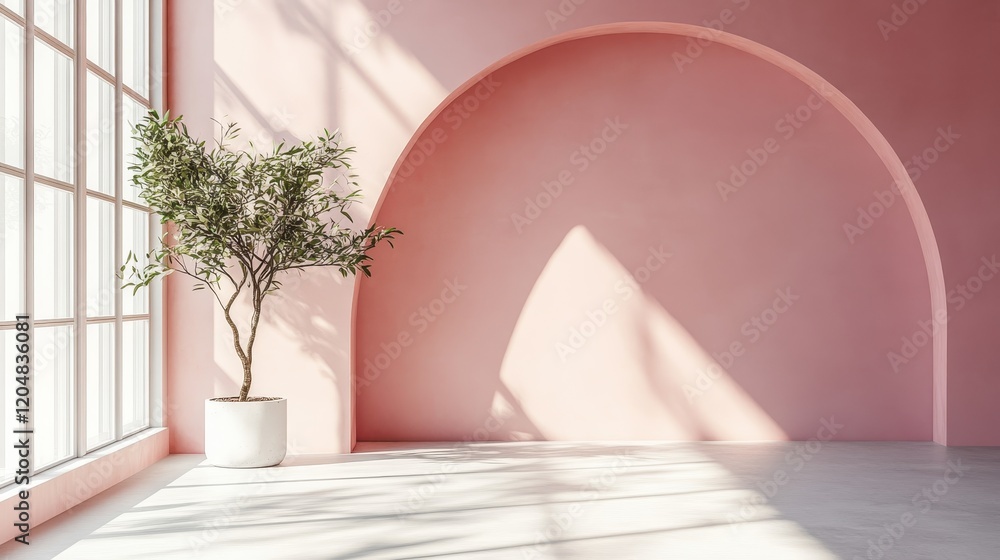 Fototapeta premium Minimalist Interior with Pink Arch and Potted Plant Bathed in Natural Sunlight from Large Windows