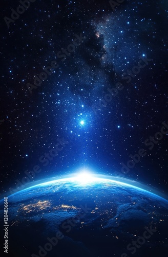 Earth from Space Hyper-realistic View with Blue Glow Starry Horizon