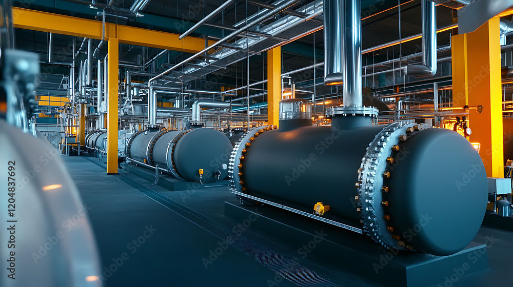 Modern industrial boiler room. Many large gas boilers. Industrial tech equipment. Steel pipes, valves. Modern design. Powerful heat system. High tech heating plant. Energy efficient design. Energy