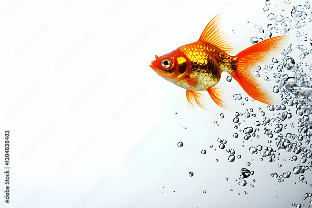 Fototapeta premium Vibrant Goldfish Swimming Against White Background with Bubbles
