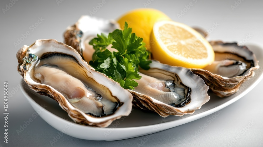 Plate of fresh oysters served with lemon slices on a rustic wooden table Plate of fresh oysters served with lemon slices on a rustic wooden table